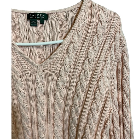 EUC LAUREN RALPH LAUREN CREAM/BLUSH CABLE KNOT SWEATER SIZE LARGE - Picture 2 of 12